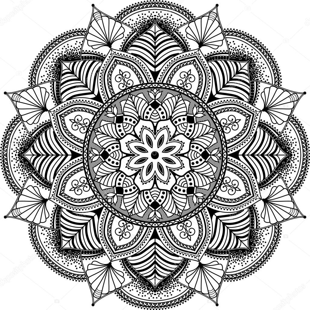 mandala, zentangle inspired illustration, black and white