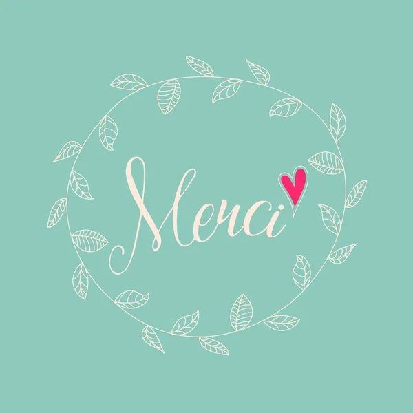 Inschrift merci mit handgezeichnetem Blumenkranz, Illustration — Stockvektor