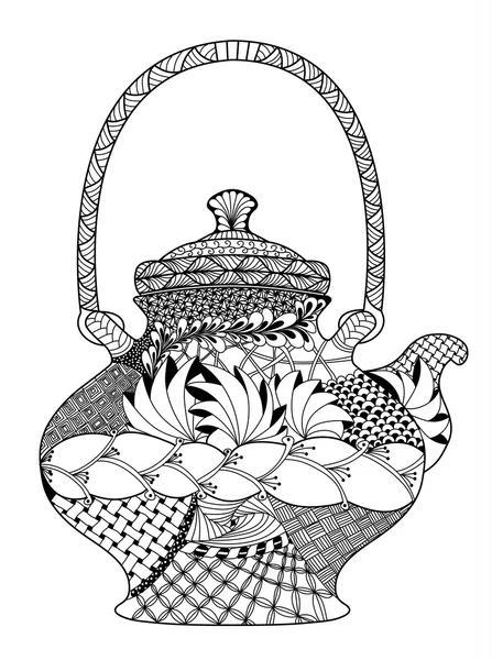 Çaydanlık, zentangle tarzı son derece detaylı çizim — Stok Vektör