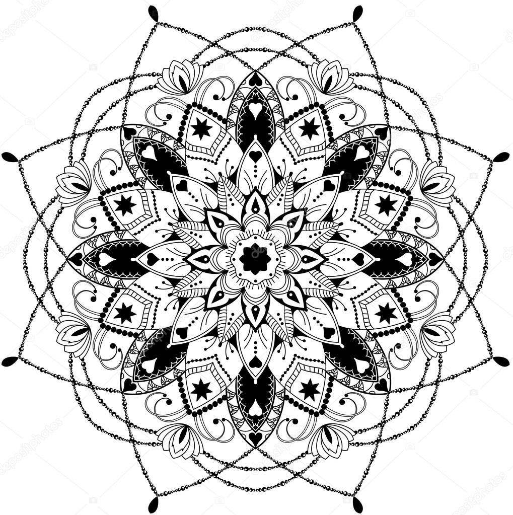 mandala, zentangle inspired illustration, black and white