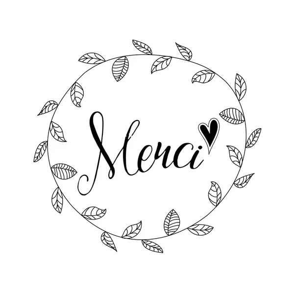 Inschrift merci mit handgezeichnetem Blumenkranz, Illustration — Stockvektor