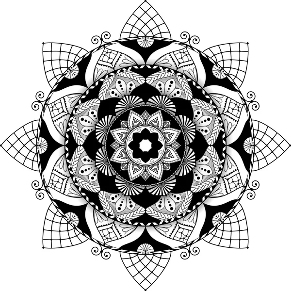 Mandala, ilustrație inspirată de zentangle, alb-negru cu umbră — Vector de stoc