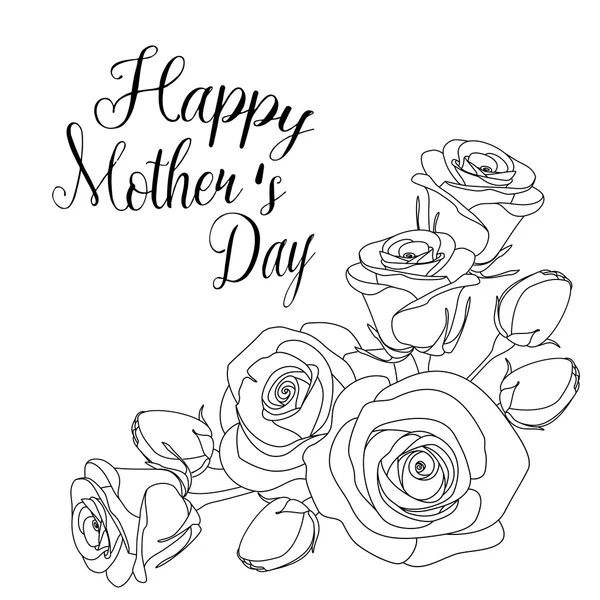Tarjeta de felicitación del día de las madres con rosas, página para colorear para adultos, ilustración — Vector de stock