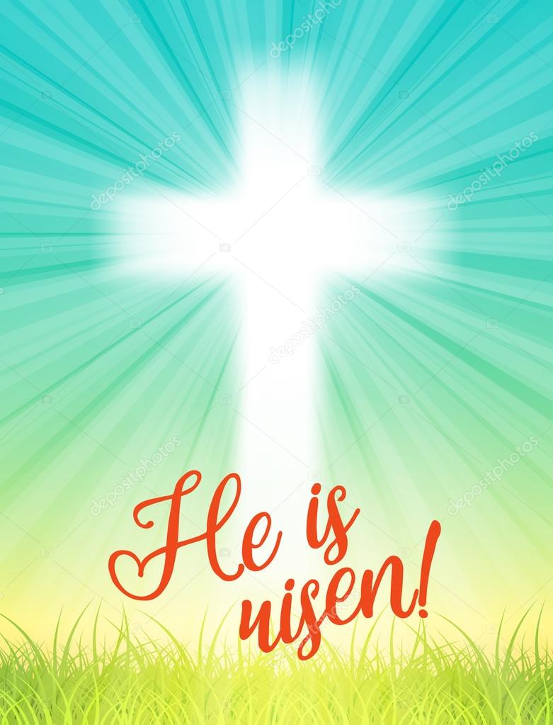 abstract white cross with rays and text He is risen, christian easter motive, illustration