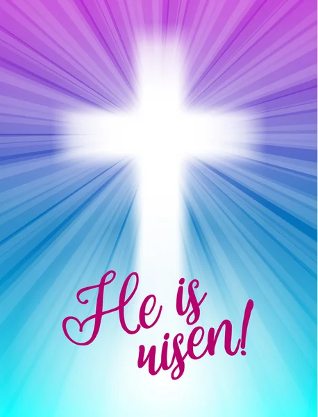 Abstracto cruz blanca con rayos y texto Él ha resucitado, motivo de Pascua cristiana, ilustración — Vector de stock