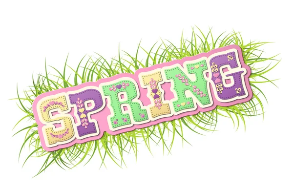 Spring, illustrated colorful text on abstract grass, season of the year, illustration — Stock Vector