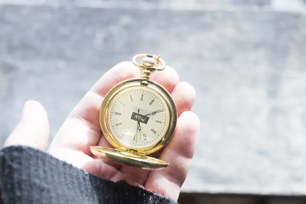 Ahora, concepto de tiempo. Texto y reloj de bolsillo . — Foto de Stock