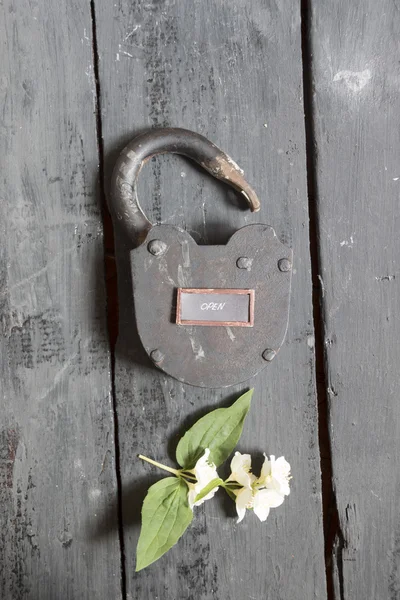 Segno aperto e vecchio lucchetto — Foto Stock