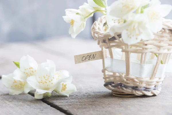 Open sign and flowers — Stock Photo, Image