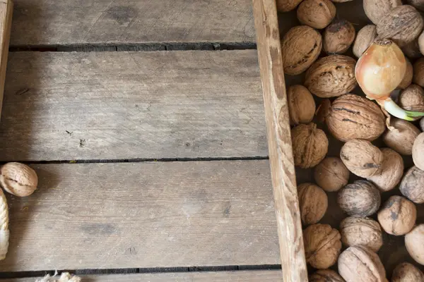 Voedsel achtergrond, verse walnoten in een houten doos — Stockfoto