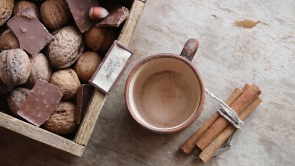 Good morning idea, morning coffee on vintage table — Stock Video