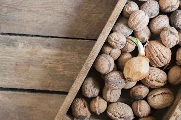 Verse walnoten in een houten doos — Stockfoto