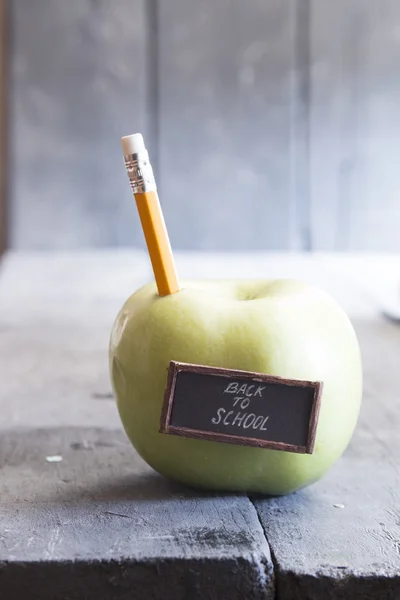 Back to school text - pencil and apple, toned — Stock Photo, Image