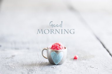 Coffee mug with raspberries and notes good morning, breakfast on Mothers day or Womens clipart