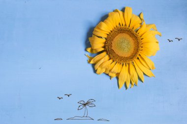 Yaz ya da plaj kavramı, bir güneş - ayçiçeği ve palm ile ada