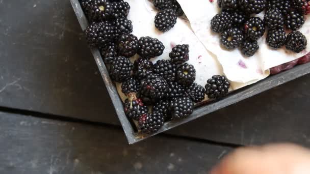 健康食品のアイデア、テーブルの上のブラックベリー — ストック動画