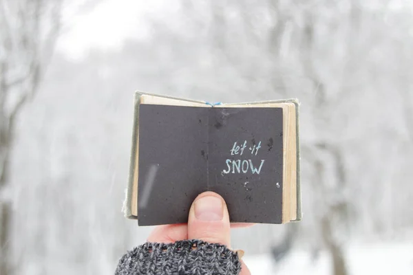 Χιονίσει Ένα Χέρι Κρατά Ένα Βιβλιαράκι Την Επιγραφή Στο Φόντο — Φωτογραφία Αρχείου