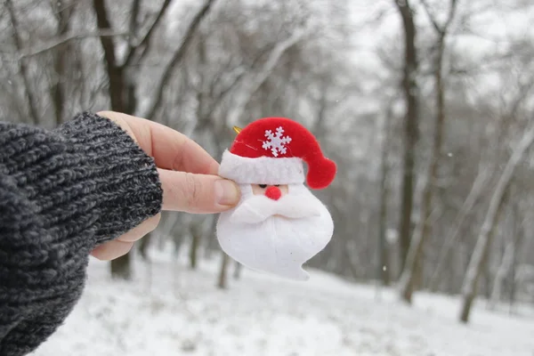 Hand håller Santa claus på bakgrunden av vinterskogen. — Stockfoto