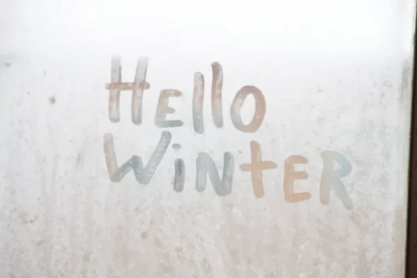 Hallo Winter Text Winter Hintergrund Die Inschrift Auf Dem Gefrorenen — Stockfoto