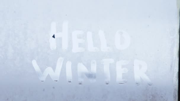 Hola Invierno Inscripción Vidrio Congelado — Vídeos de Stock