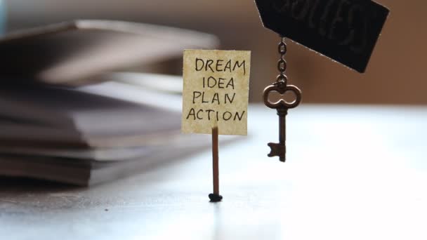 Klíčové slovo "úspěch" a štítek s nápisem: sen, idea, plán akcí. — Stock video