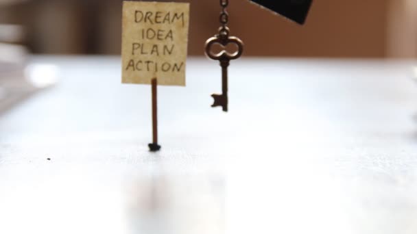 Schlüssel und ein Etikett mit den Worten: Traum, Idee, Plan, Aktion. — Stockvideo
