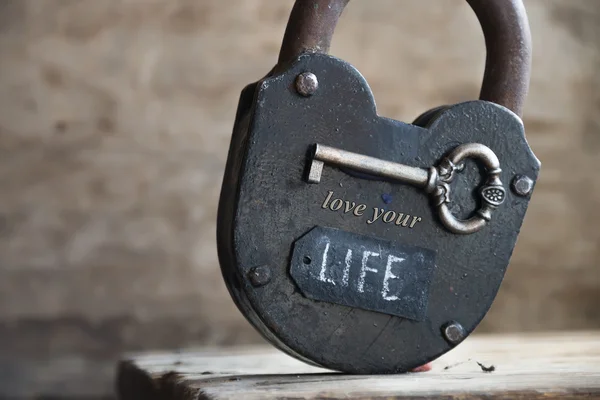 Lok, chave e rótulo "amo sua vida " — Fotografia de Stock