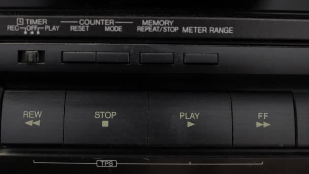 Pressing Play Stop Rewind Cassette Recorder Close Selective Focus — Vídeo de Stock