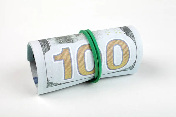 One Hundred Dollar Bills Rolled Tube Tied Green Rubber Band — Stock Photo, Image