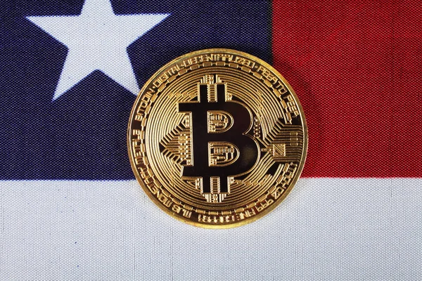 Złota Bitcoin Usa Flag Zbliżenie Widok Góry Obraz Stockowy