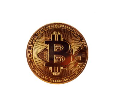 Beyaz arkaplanda izole edilmiş altın bitcoin, üst görünüm. 