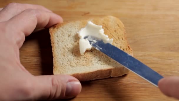 Spreading Bread Toast Cheese Brush Close Selective Focus — Stok video