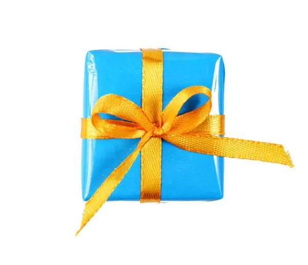 Blue Gift Box Tied Orange Ribbon Bow Isolated White Background — Stock Photo, Image