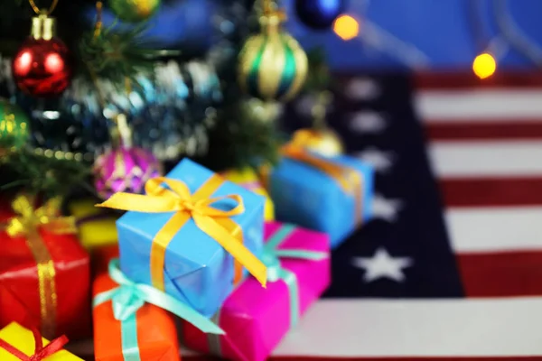 Capodanno Regali Natale Sotto Albero Natale Sfondo Sfocato Bokeh Posto — Foto Stock