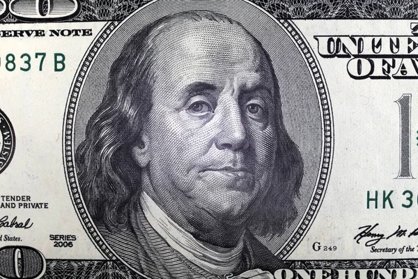 Retrato Presidente Americano Uma Nota Cem Dólares Close — Fotografia de Stock