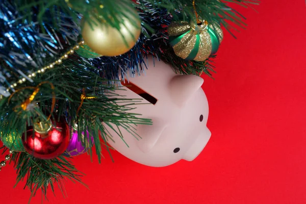 Piggy Bank Pig Christmas Tree Decorated Christmas Balls Tinsel Red — Stock Photo, Image