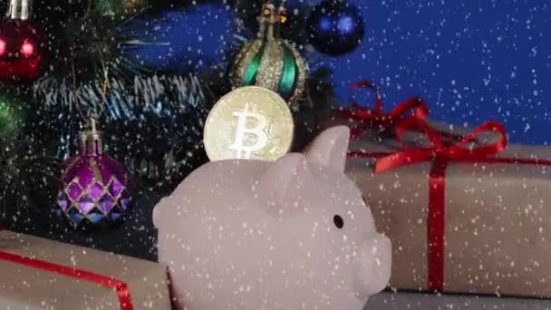 Cerdo Alcancía Con Bitcoin Oro Bajo Árbol Navidad Decorado Con — Vídeo de stock