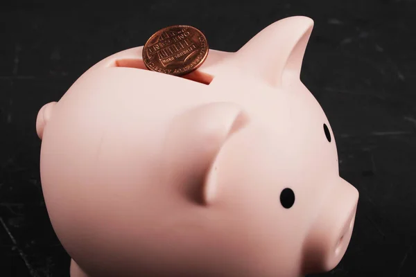 One Cent Lies Pink Piggy Bank — Stock Photo, Image
