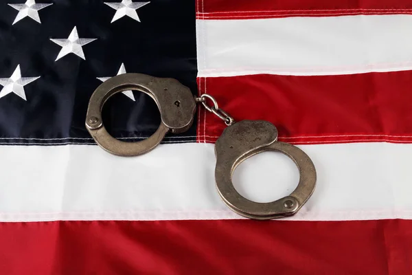 Police Handcuffs Usa Flag Close — Stock Photo, Image