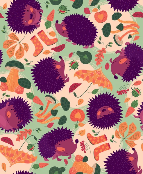Seamless Pattern With Hedgehogs And Autumn Leaves — Stock Vector