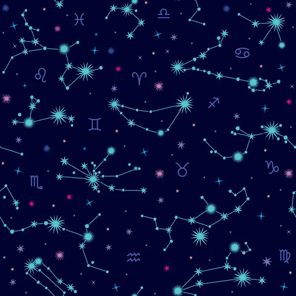 Constelaciones del zodíaco patrón sin costura Vectores de stock libres de derechos