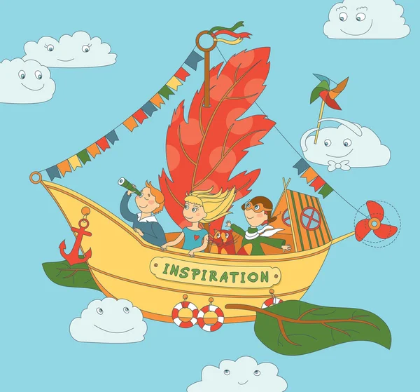 Flying Ship Inspiration With Happy Kids Stock Vector