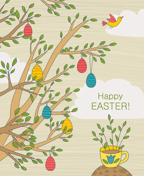 Easter Greeting Card With Colorful Eggs On Branches — Stock Vector