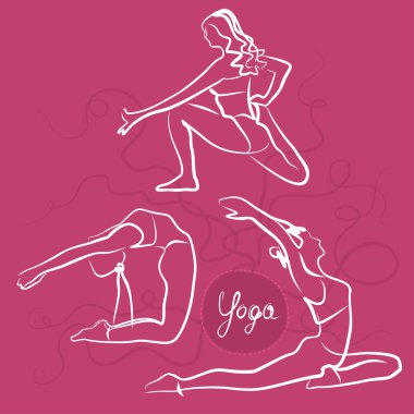 Yoga Poses kümesi. Parlak pembe arka plan