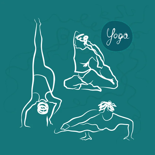 Set di pose Yoga. Motton sfondo blu Vettoriale Stock