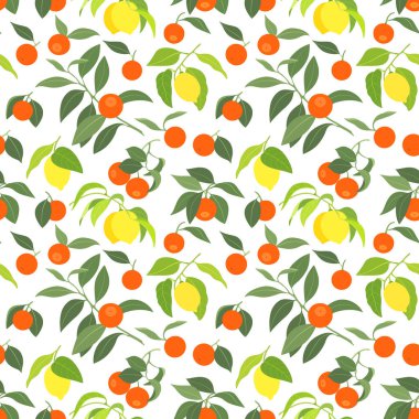 Beyaz arka planda limon ve mandalinalı kusursuz vektör deseni. Grafik tasarımı, tekstil tasarımı veya web tasarımı için kullanılabilir.