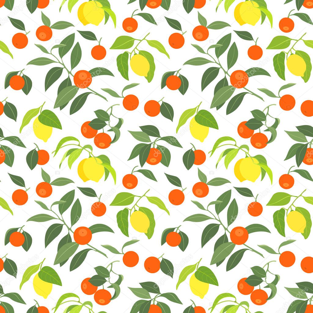 Seamless vector pattern with lemons and mandarins on white background. Can be used for graphic design, textile design or web design.