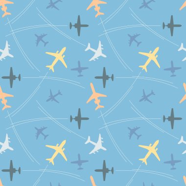 Çok renkli yolcu uçakları ve beyaz arka planda uçuş yolları olan kusursuz vektör deseni. Grafik tasarımı, tekstil tasarımı veya web tasarımı için kullanılabilir.