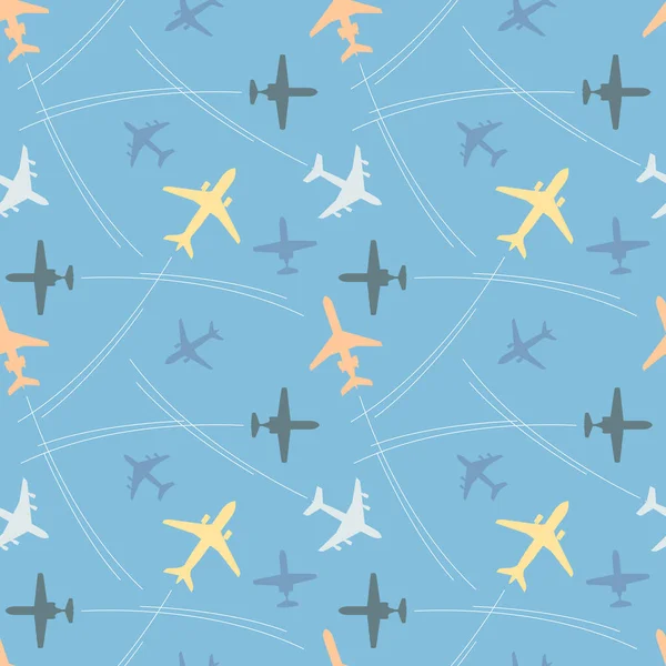 Seamless Vector Pattern Multicolored Passenger Airplanes Flight Paths White Background — Archivo Imágenes Vectoriales