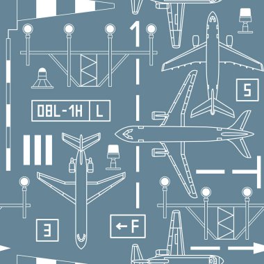 Yolcu uçakları, soyulmuş ışıklar ve gri arka planda işaretler olan kusursuz vektör deseni. Grafik tasarımı, tekstil tasarımı veya web tasarımı için kullanılabilir.